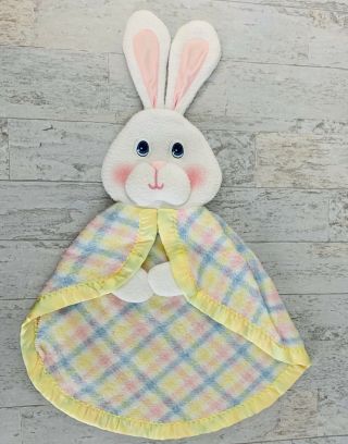 Vintage Fisher Price Security Bunny Baby Blanket Yellow Blue Pink Plaid Lovey