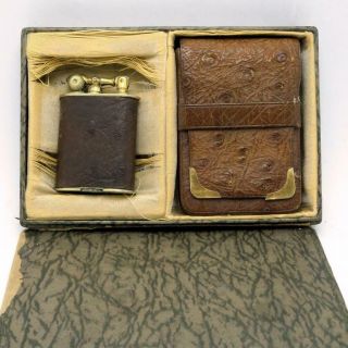 Vintage Evans Gold Plate Lift Arm Lighter Ostrich Leather Wrap,  Cigarette Case