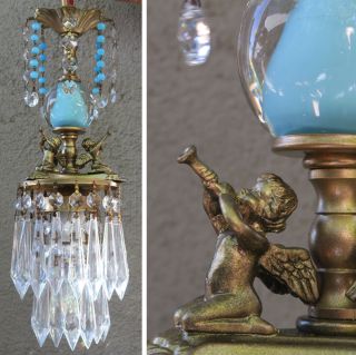 Vintage Chandelier Ceiling Canopy Lamp Cherub Trumpet Blue Crystal Glass Brass