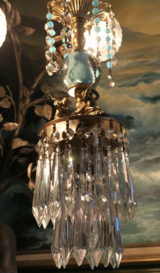 Vintage Chandelier ceiling canopy Lamp Cherub trumpet Blue crystal Glass brass 2