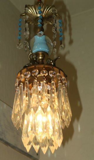 Vintage Chandelier ceiling canopy Lamp Cherub trumpet Blue crystal Glass brass 3