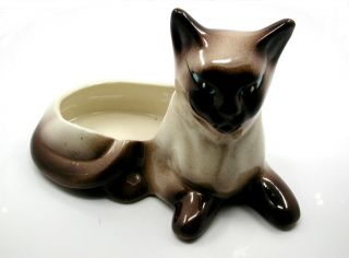 Vintage Hand Painted Ceramic Siamese Cat Flower Pot Or Trinket Tray Figurine