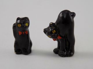 Antique Japanese Miniature Black Cat Figurines Stretching & Pawing Pose 5/8 3/4 "