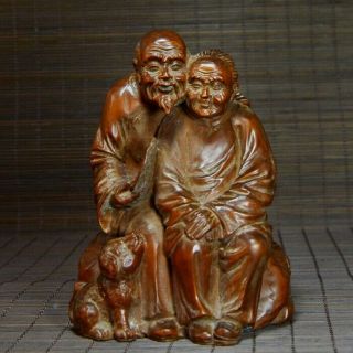Collect China Antique Boxwood Hand - Carved Kind And Lovely Old Couple Statue Gift