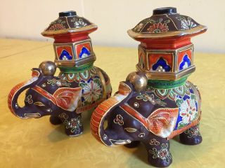 Vintage Moriage Hand Painted 2 Elephant Figurines Trunk Up Made In Japan