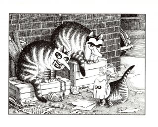 Cats In Alley W/costumes Halloween Masks Kliban Cat Print Black White Vintage