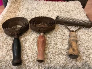 3 Vintage Metal Horse Grooming Brush - Comb.  Wood Handle