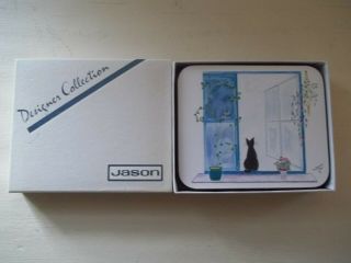 6 Jason Black Cat Looking Out Window - Cork Back Coasters Mib