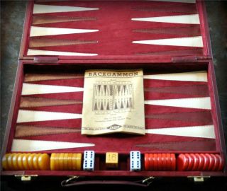 Vtg Lowe Red & Butterscotch Marbled Bakelite Backgammon Set Chips Dice Game Case