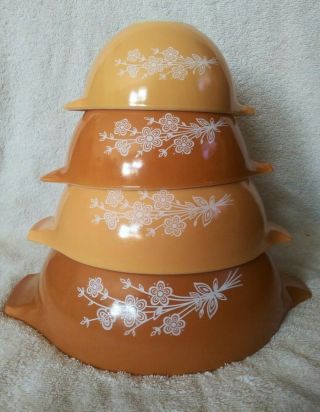 Vintage Pyrex Gold Butterfly Nesting Bowls Cinderella 441,  442,  443,  444 Usa