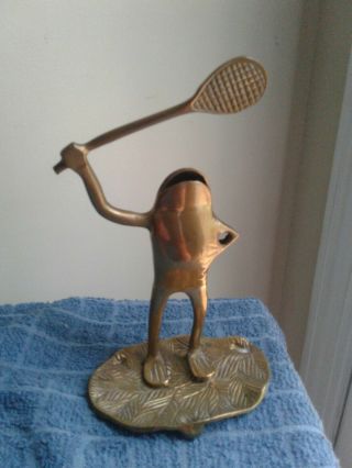 Vintage Solid Brass Frog On Lily Pad W/ Tennis Racket Playing.