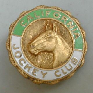 Gold Metal Pin Back Badge " California Jockey Club " 1950 