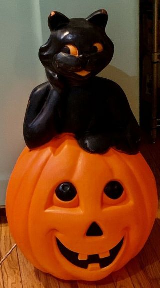 Vtg Halloween Blow Mold Light Up: Black Cat On Pumpkin 1993 Carolina Enterprises