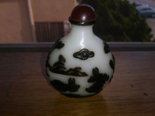 1920s White Peking Glass Snuff Bottle With Brown Rabbits Overlay