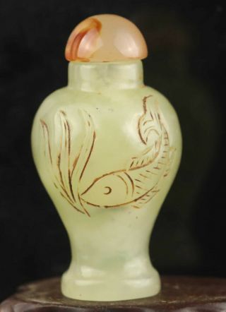 Chinese Old Natural Jade Hand - Carved Statue Fish Flower Snuff Bottle