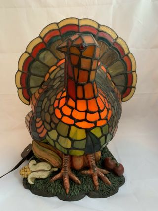 Vintage THANKSGIVING TURKEY Tiffany - style Lamp Light Stained Glass Centerpiece 2