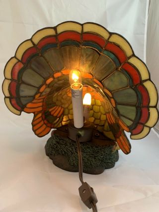 Vintage THANKSGIVING TURKEY Tiffany - style Lamp Light Stained Glass Centerpiece 3