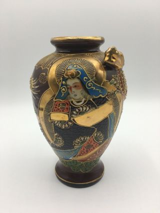 Vintage Satsuma Style Moriage Hand Painted Vase With Gold Dragon Head 6.  25 "