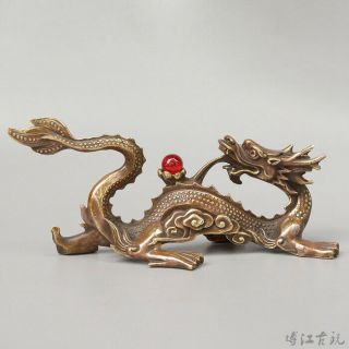 Collectable China Old Bronze Inlay Agate Hand - Carve Myth Dragon Luck Statue
