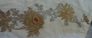 Antique Chinese Metallic Embroidered Silk Panel With Raised Flower