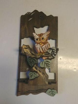 Vintage Owl 3d Wood Plaque Wall Hanging Mid Century Hand Painted Folk Art Carved