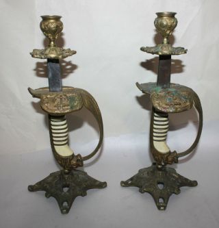 Vintage Pair Brass Candlesticks Sword Handle Lion Head & Anchor Candle Holders