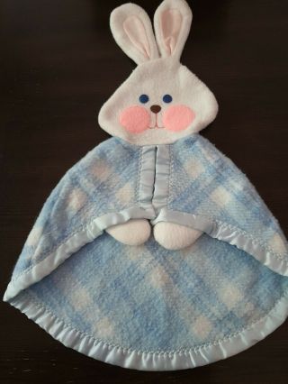 Vintage 1979 Fisher Price Baby Security Blanket Lovey Blue Plaid Bunny Rabbit