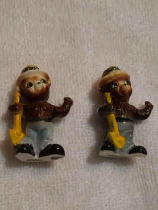 2 Vintage Smokey The Bear Ceramic Mini Figurine Shovel Bone China Japan