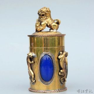 Collect China Old Bronze Inlay Agate Hand - Carved Myth Lion Luck Toothpick Box