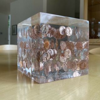 Vintage Lucite Acrylic Suspended Pennies 1960’s Paperweight Mcm 5”x5”