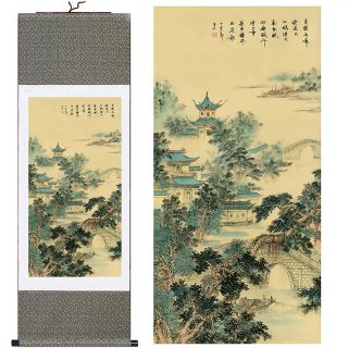 Home Decor Chinese Silk Scroll Painting Mountain Temple Ink Painting " 寒山寺 "