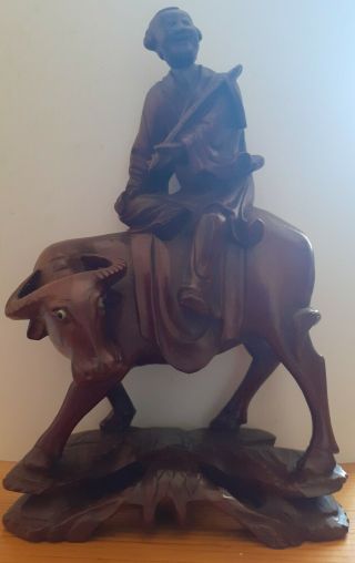 Chinese Hand Carved Wooden Water Buffalo With Man,  W/ Bone Eyes 9 " Tall