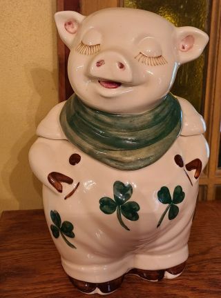 Vintage Shawnee Pottery Smiley Pig Cookie Jar Clover Shamrock Scarf Usa Perfect
