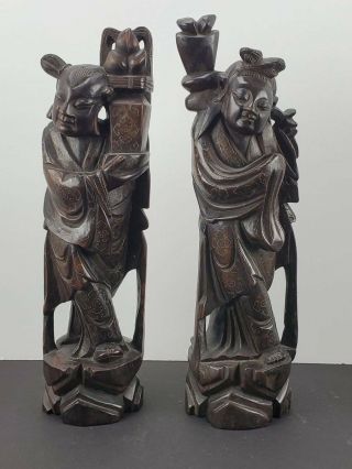 Antique Chinese Inlaid Silver Carved Wood Figurines Statues