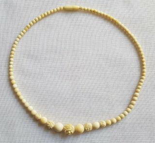 Antique Victorian Necklace Hand Carved Bovine Cow Bone - Graduated String Beads