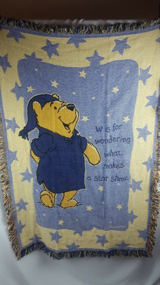 Vintage 90s Disney Winnie The Pooh Blanket Tassles Knit Throw 46x32 In.
