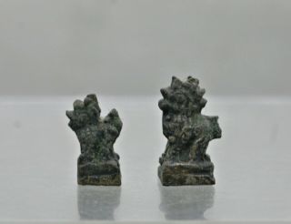 Two Small Old Burmese Bronze Opium Weight Made In Shape Of A Mythical Lion