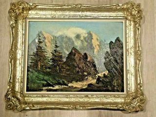 Vintage Hand Painted Oil On Canvas Landscape Mountse Painting By Collo