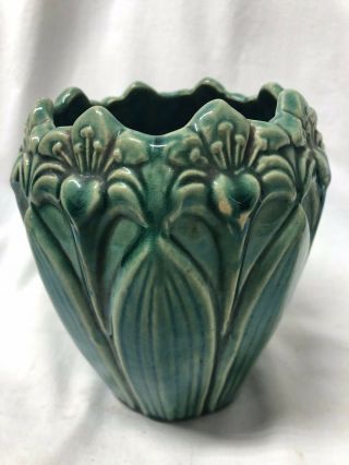 Vintage Art Nouveau Pottery Green Vase Floral Flower Mccoy