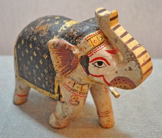 Old Vintage Hand Carved Painted Wooden Elephant Figurine