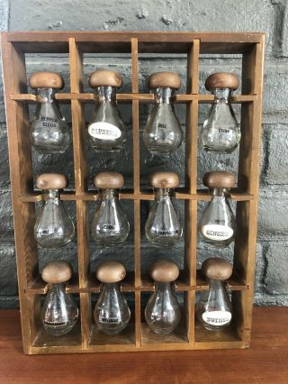 Vintage Styson Spice Rack 12 Glass Jars Wood Wall Hanging See