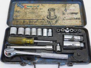 Vintage K - Mart Tool 19 Piece Set Master Mechanic Sockets Wrenches Standard 3/8 "
