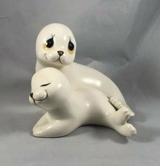 Vintage Ceramic Cuddling White Harp Seal Oxford Figurines Made In Mexico