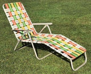 Vtg Aluminum Webbed Folding Beach Lawn Chair Chaise Lounge Green Orange Yellow
