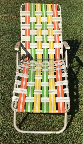 Vtg Aluminum Webbed Folding Beach Lawn Chair Chaise Lounge Green Orange Yellow 2