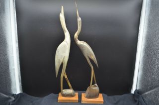 Vintage Artistic Horn Carved Crane Birds On Wood Bases,  Made In India