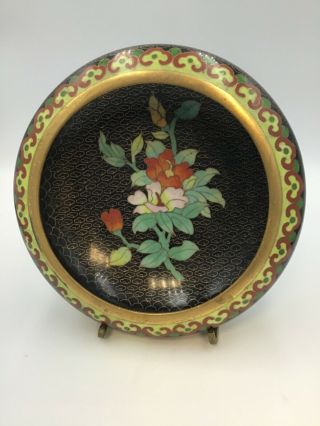 Vintage Chinese Black Cloisonné Multicolor Flowers Floral Bowl