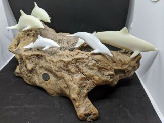 Vintage White Dolphin Pod Burl Wood/driftwood Sculpture By John Perry