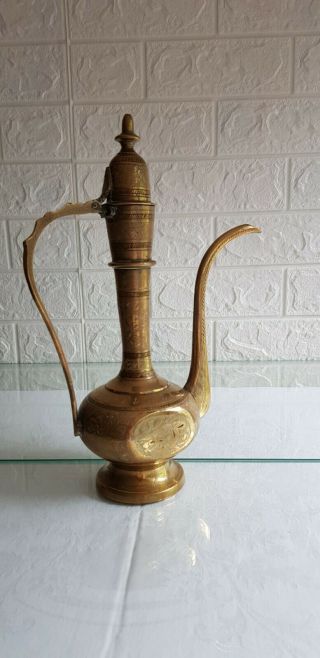 Vintage Indian Brass Coffee Pot Dallah - Qahwa Engraved 28.  5cm