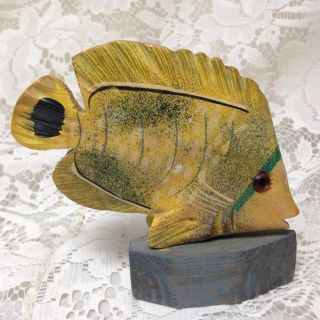 Handcrafted,  Carved Wood,  Green Fish With Stand 5in L X 4in Wx 1in H